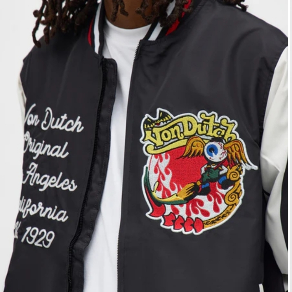 Von Dutch Black, White, and Red Lightweight Bomber Windbreaker Jacket #U - Picture 9 of 9